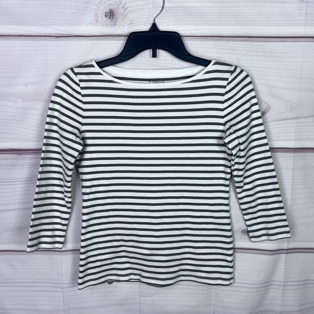 Talbots Top Women XS Green Striped T-Shirt 3/4 Sleeve Boat Neck Talbots Tee Knit